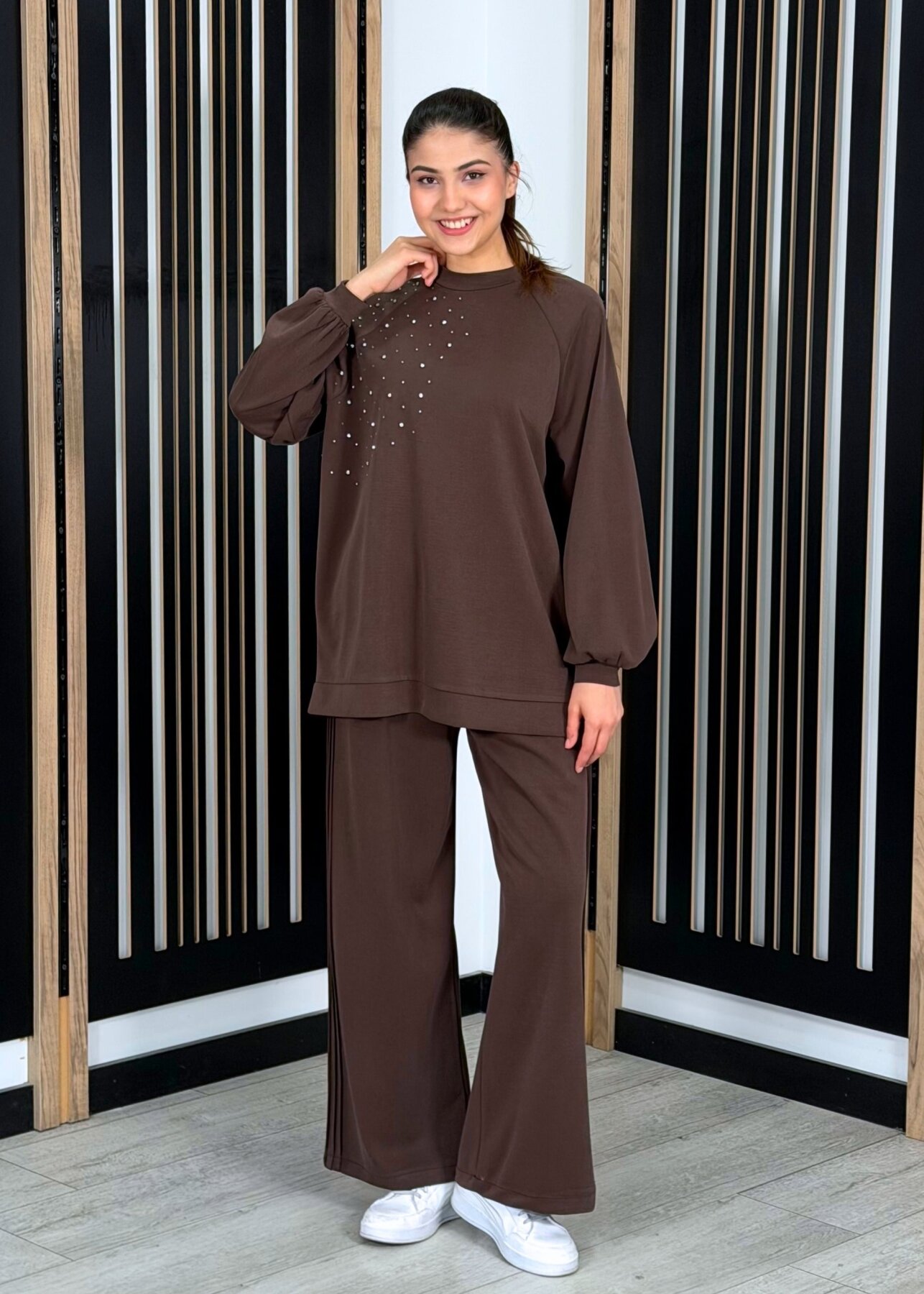 Nuss Önü Taşlı Pantolonlu Takım KAHVE - 3