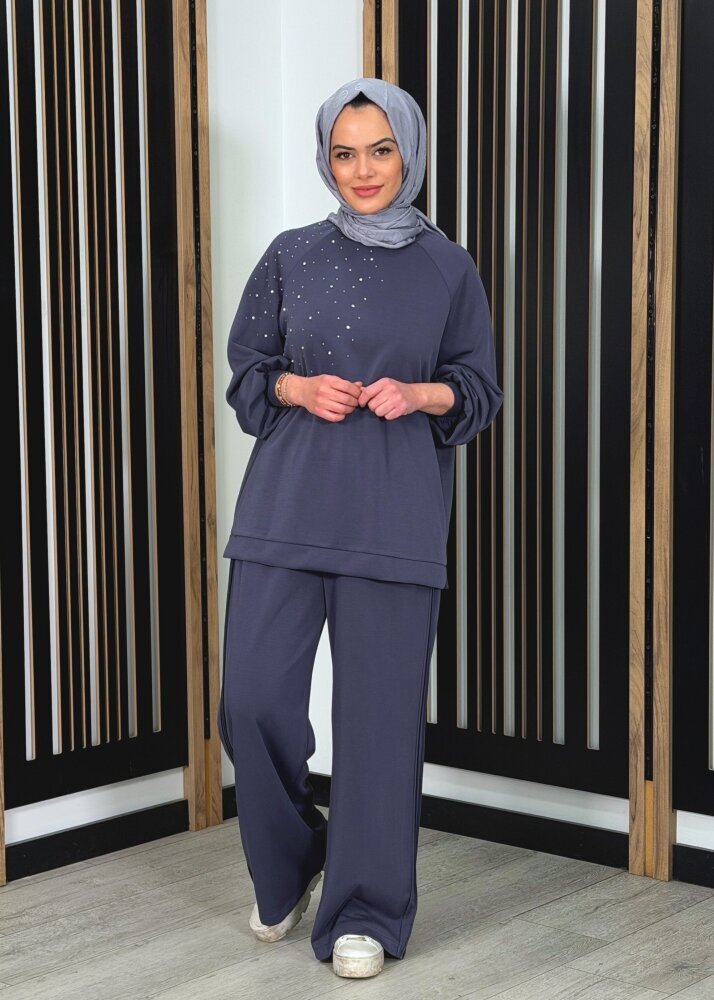 Nuss Önü Taşlı Pantolonlu Takım LACİVERT - 2
