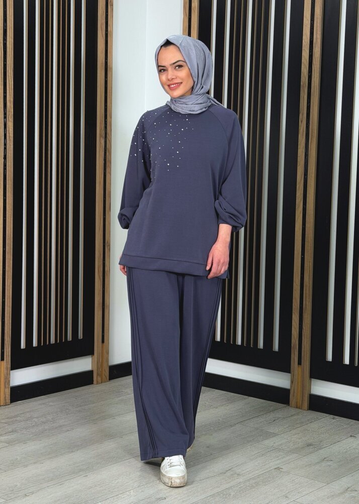 Nuss Önü Taşlı Pantolonlu Takım LACİVERT - 3