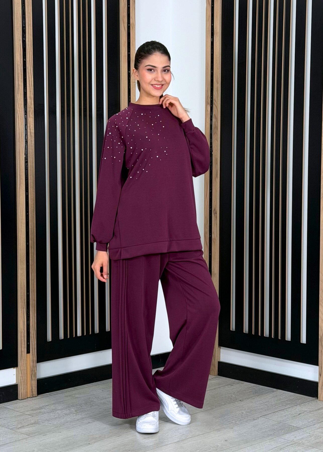 Nuss Önü Taşlı Pantolonlu Takım MÜRDÜM - 1