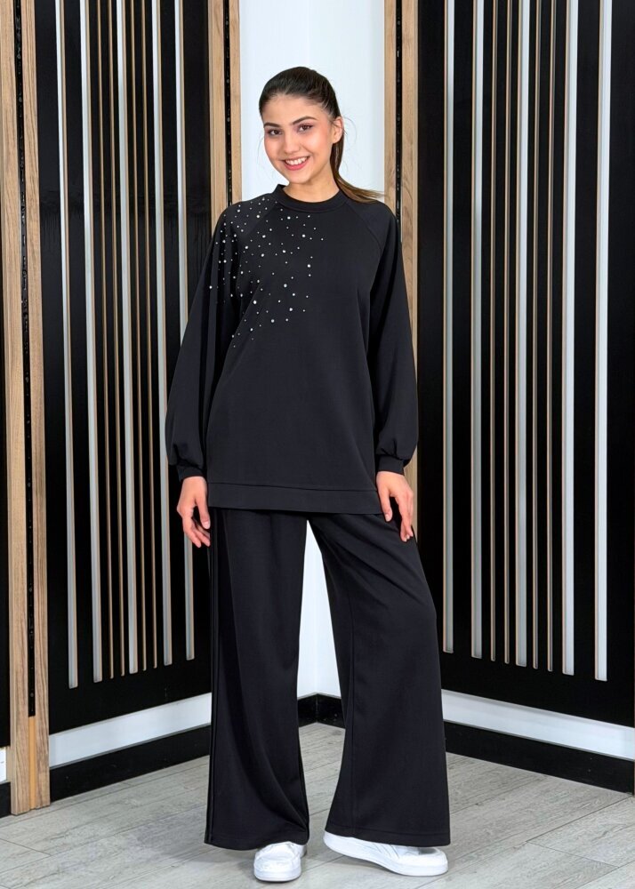 Nuss Önü Taşlı Pantolonlu Takım SİYAH