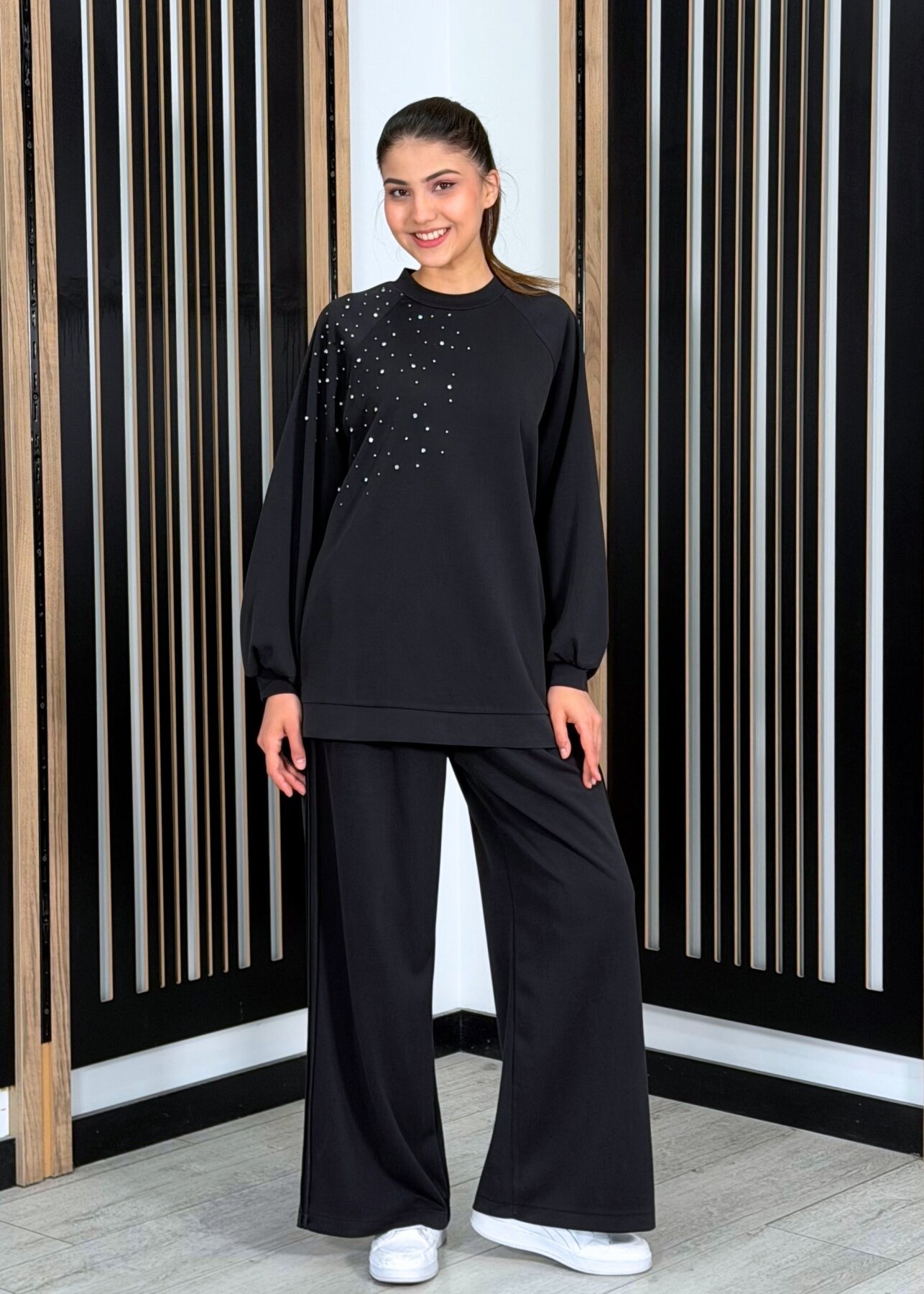 Nuss Önü Taşlı Pantolonlu Takım SİYAH - 1