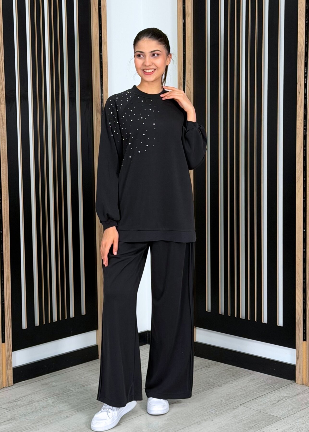 Nuss Önü Taşlı Pantolonlu Takım SİYAH - 2