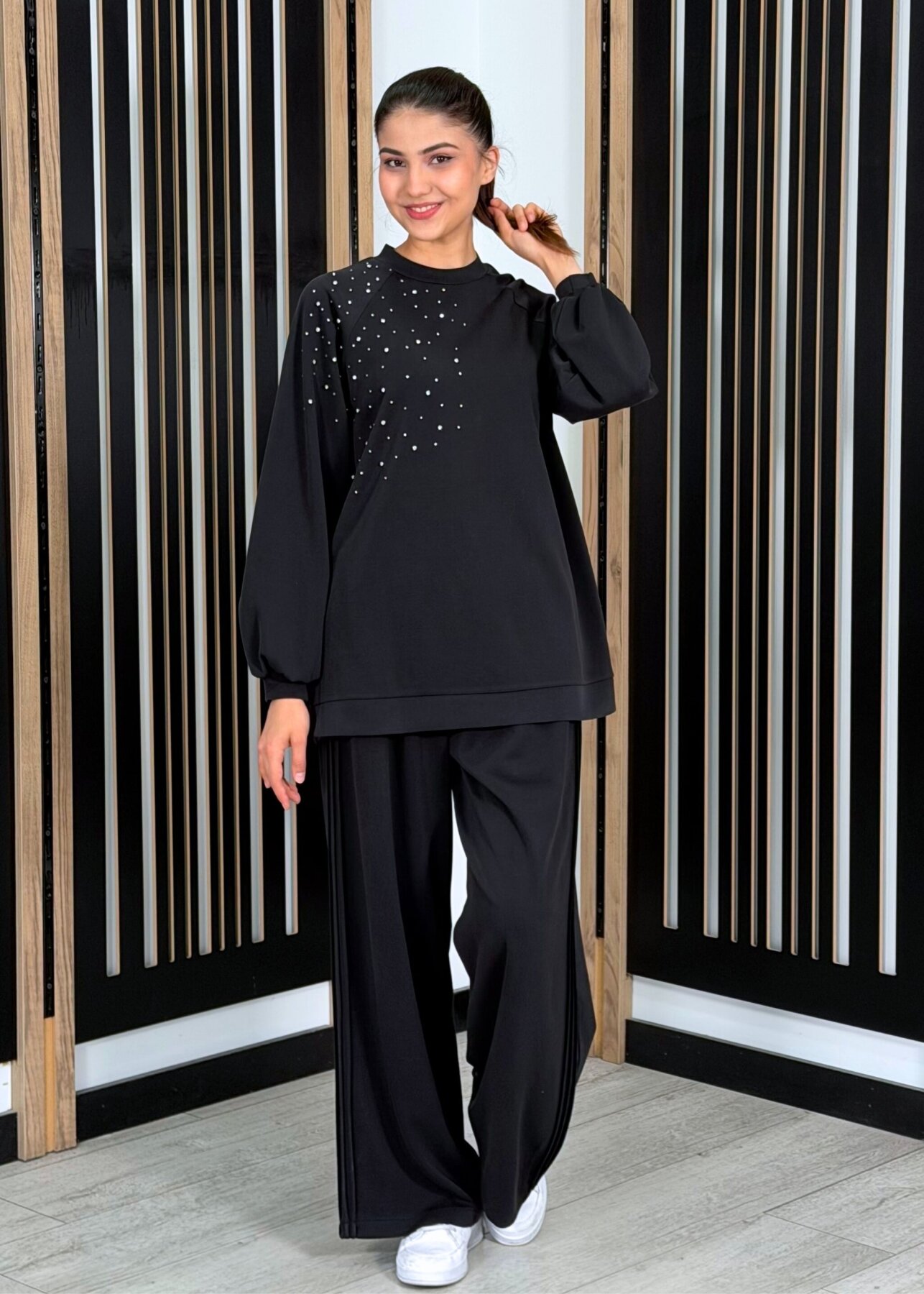 Nuss Önü Taşlı Pantolonlu Takım SİYAH - 3