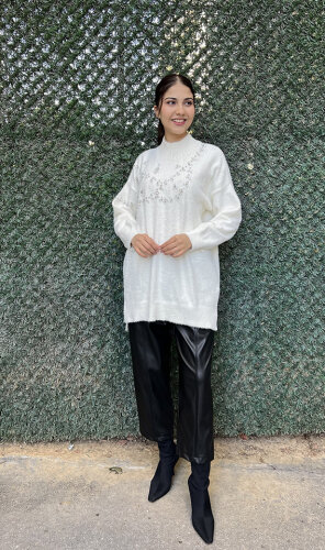 Nuss Önü Taşlı Yumoş Tunik EKRU