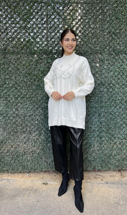 Nuss Önü Taşlı Yumoş Tunik EKRU - 1