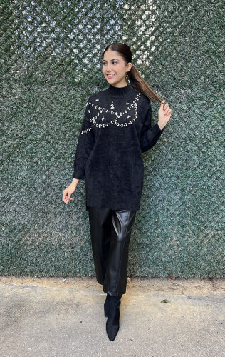 Nuss Önü Taşlı Yumoş Tunik SİYAH