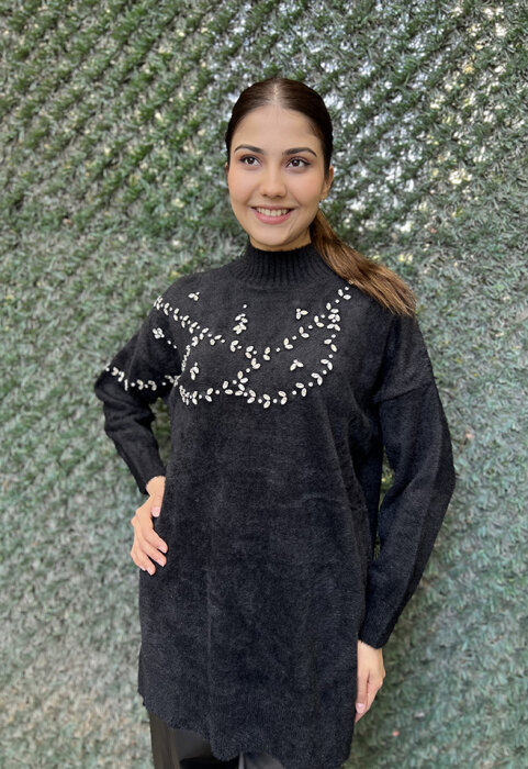 Nuss Önü Taşlı Yumoş Tunik SİYAH - 3