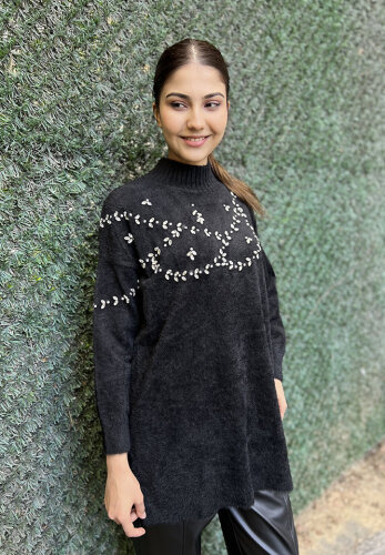 Nuss Önü Taşlı Yumoş Tunik SİYAH - 2