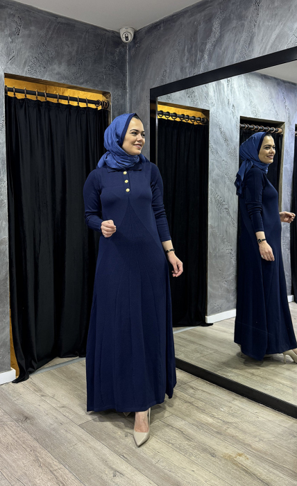 Nuss Önü Ters V Örgü Desenli Elbise LACİVERT - 3