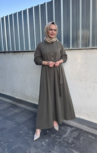 Nuss Önü Yarım Çıtçıtlı Elbise HAKİ - 2