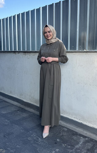 Nuss Önü Yarım Çıtçıtlı Elbise HAKİ - 3