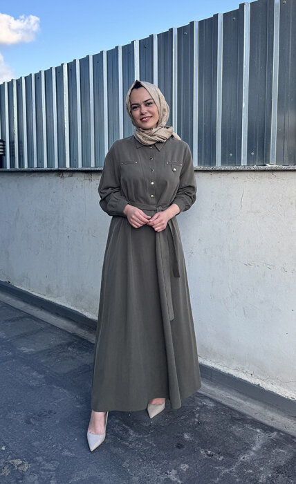 Nuss Önü Yarım Çıtçıtlı Elbise HAKİ - 1