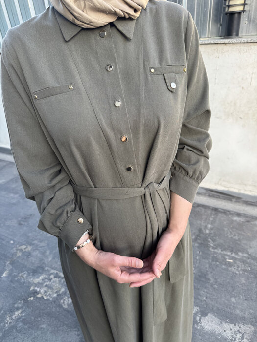 Nuss Önü Yarım Çıtçıtlı Elbise HAKİ - 4