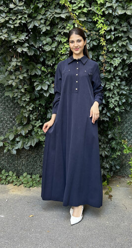 Nuss Önü Yarım Çıtçıtlı Elbise LACİVERT 