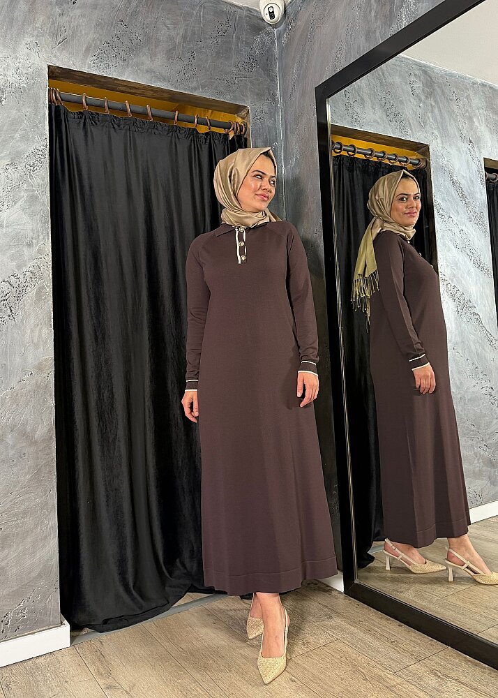 Nuss Şerit Detaylı Erkek Yaka Elbise KAHVE - 2