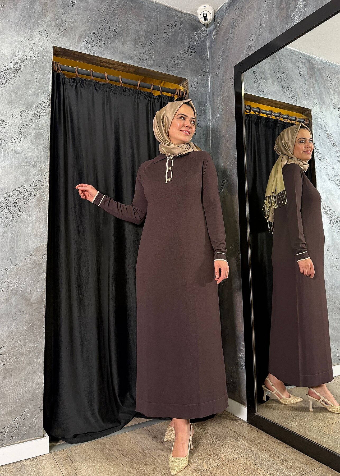 Nuss Şerit Detaylı Erkek Yaka Elbise KAHVE - 5
