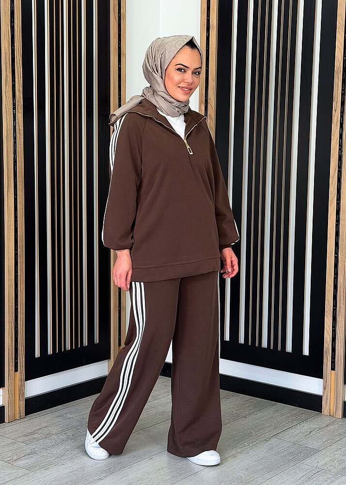 Nuss Simli Şerit Detaylı Pantolon Takım KAHVE