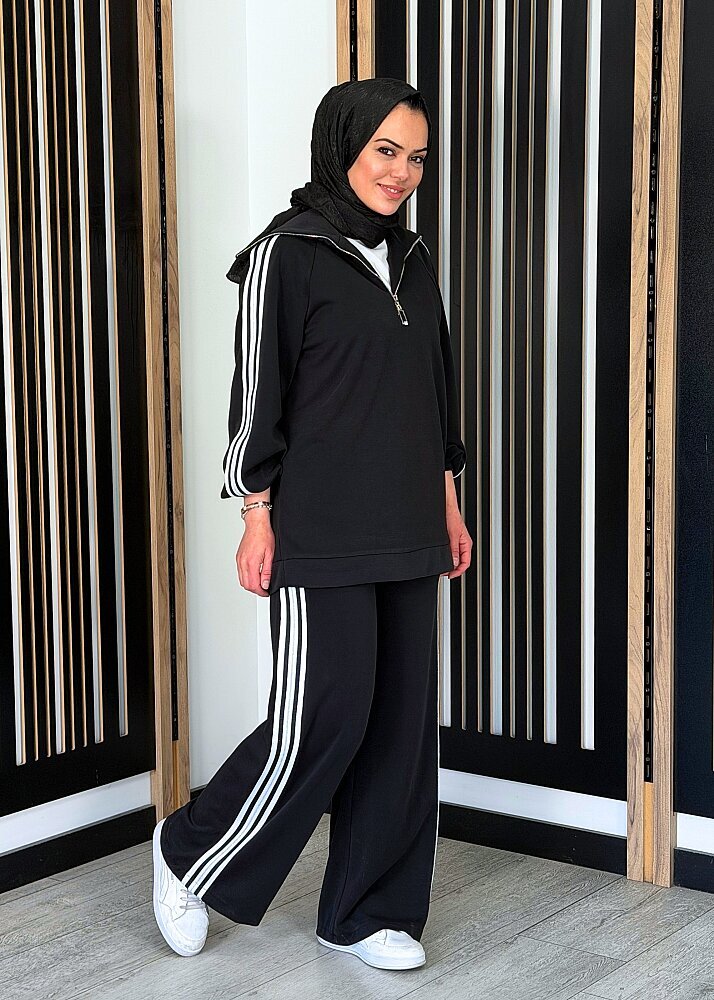 Nuss Simli Şerit Detaylı Pantolon Takım SİYAH