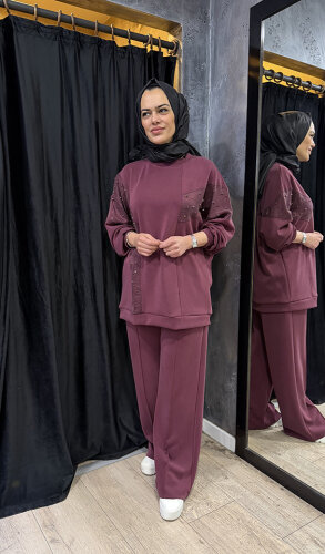 Nuss Taşlı Pantolonlu Takım BORDO