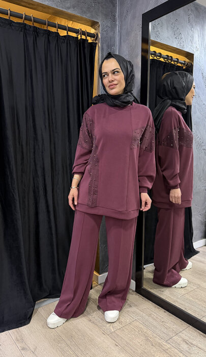 Nuss Taşlı Pantolonlu Takım BORDO - 2