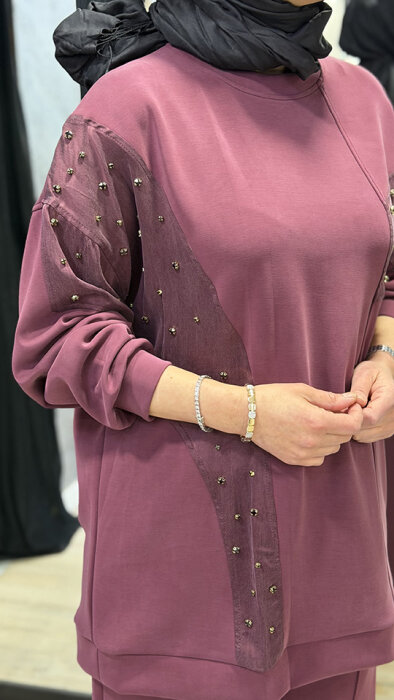 Nuss Taşlı Pantolonlu Takım BORDO - 3