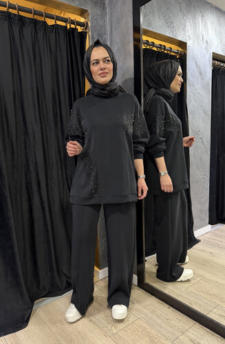 Nuss Taşlı Pantolonlu Takım SİYAH