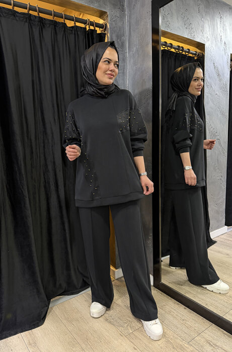 Nuss Taşlı Pantolonlu Takım SİYAH - 2