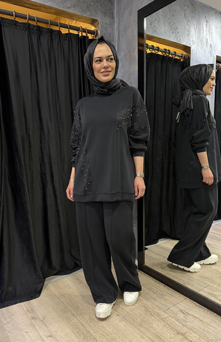 Nuss Taşlı Pantolonlu Takım SİYAH - 3