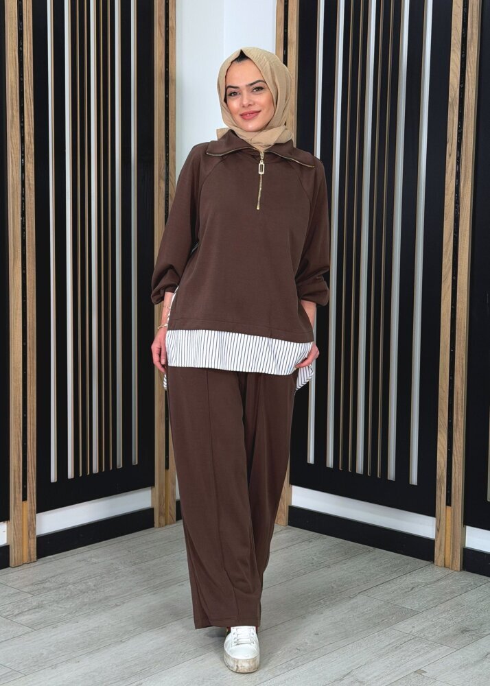Nuss Yakası Fermuarlı Tuniğinin Etek Ucu ve Arkası Gömlek Detaylı Pantolonlu Takım KAHVE - 3