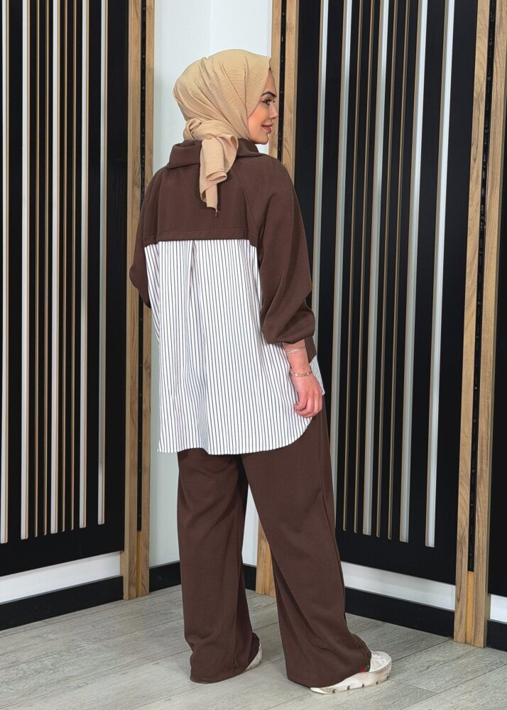 Nuss Yakası Fermuarlı Tuniğinin Etek Ucu ve Arkası Gömlek Detaylı Pantolonlu Takım KAHVE - 4