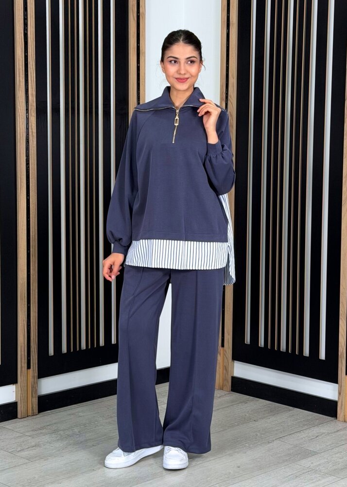 Nuss Yakası Fermuarlı Tuniğinin Etek Ucu ve Arkası Gömlek Detaylı Pantolonlu Takım LACİVERT 