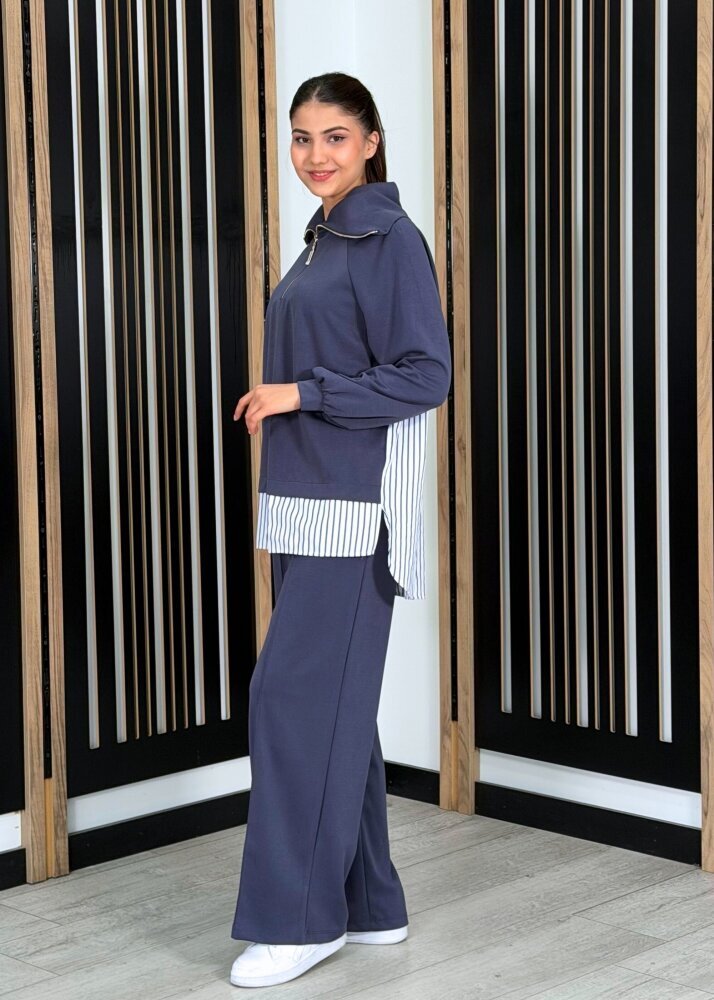 Nuss Yakası Fermuarlı Tuniğinin Etek Ucu ve Arkası Gömlek Detaylı Pantolonlu Takım LACİVERT - 2