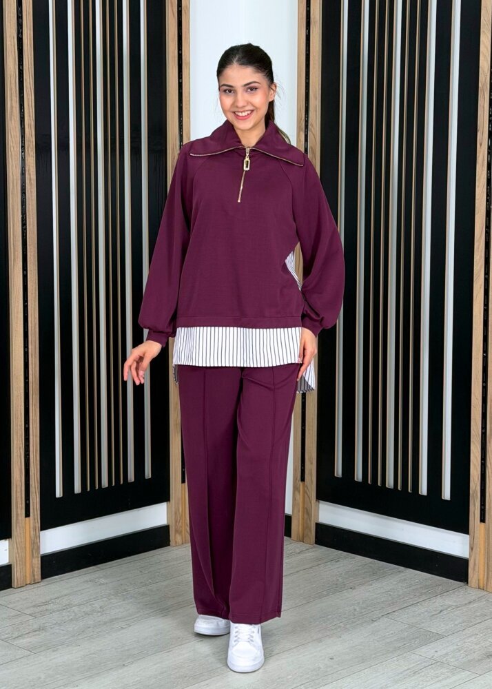 Nuss Yakası Fermuarlı Tuniğinin Etek Ucu ve Arkası Gömlek Detaylı Pantolonlu Takım MÜRDÜM 