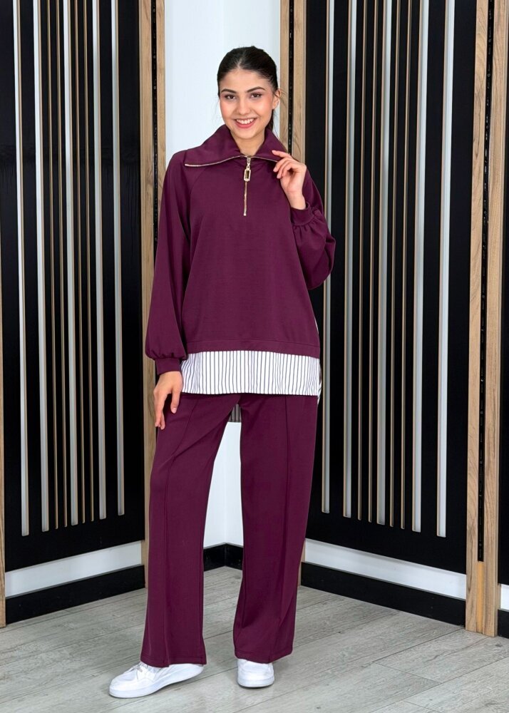 Nuss Yakası Fermuarlı Tuniğinin Etek Ucu ve Arkası Gömlek Detaylı Pantolonlu Takım MÜRDÜM - 2