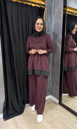 Nuss Yakası ve Etek Ucu Paraşüt Pantolonlu Takım BORDO