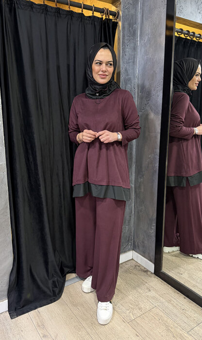 Nuss Yakası ve Etek Ucu Paraşüt Pantolonlu Takım BORDO - 1