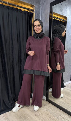 Nuss Yakası ve Etek Ucu Paraşüt Pantolonlu Takım BORDO - 2