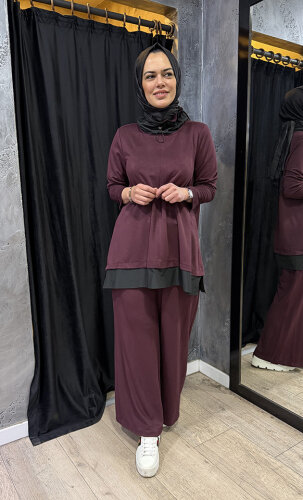 Nuss Yakası ve Etek Ucu Paraşüt Pantolonlu Takım BORDO - 3