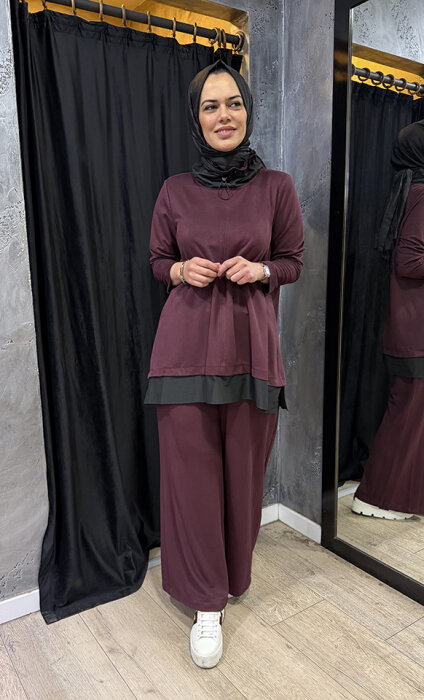 Nuss Yakası ve Etek Ucu Paraşüt Pantolonlu Takım BORDO - 3