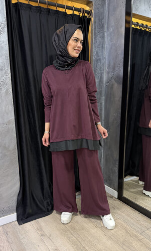 Nuss Yakası ve Etek Ucu Paraşüt Pantolonlu Takım BORDO - 4