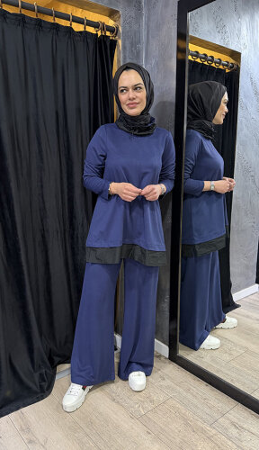 Nuss Yakası ve Etek Ucu Paraşüt Pantolonlu Takım İNDİGO