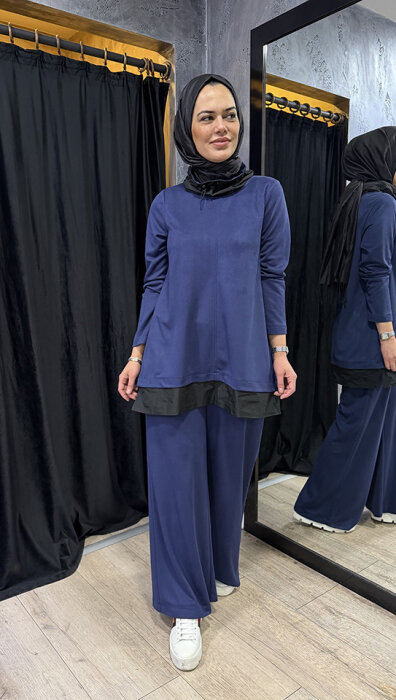 Nuss Yakası ve Etek Ucu Paraşüt Pantolonlu Takım İNDİGO - 2