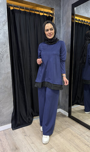 Nuss Yakası ve Etek Ucu Paraşüt Pantolonlu Takım İNDİGO - 3