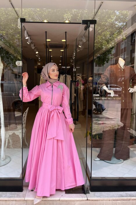 Omelya Göğsü Taş Detaylı Paraşüt Elbise PEMBE - 1