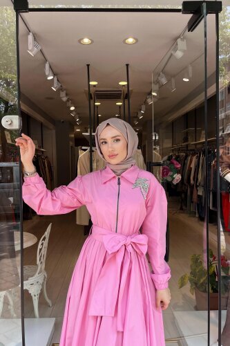Omelya Göğsü Taş Detaylı Paraşüt Elbise PEMBE - 2