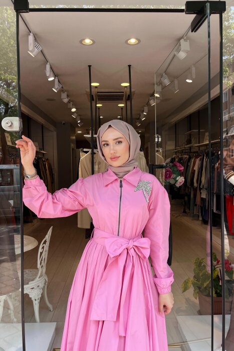 Omelya Göğsü Taş Detaylı Paraşüt Elbise PEMBE - 2