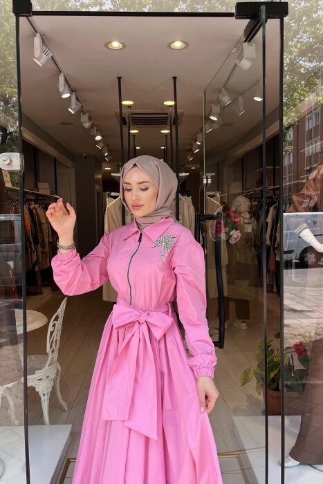 Omelya Göğsü Taş Detaylı Paraşüt Elbise PEMBE - 3