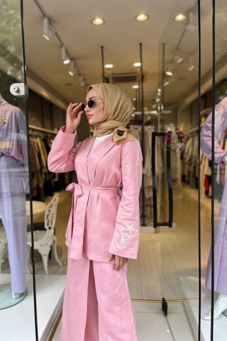 Omelya Önü Kapaklı Keten Pantolon PEMBE - 3