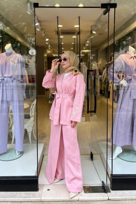 Omelya Önü Kapaklı Keten Pantolon PEMBE - 1